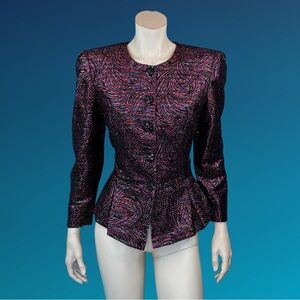 80s 90s Metallic Foil Glam Strong Shoulder Peplum Jacket / S M